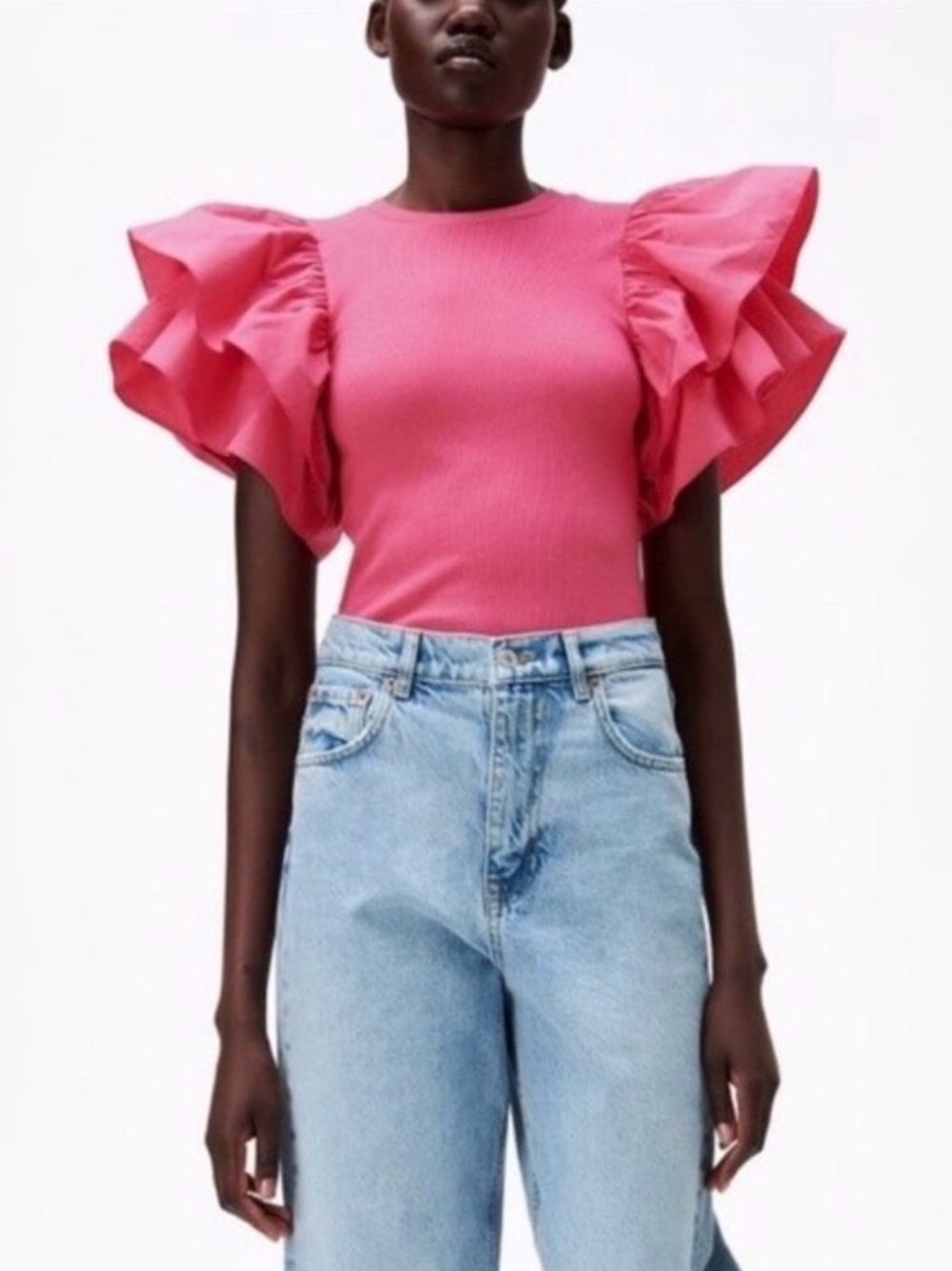 Zara Hot Pink Ruffled Sleeve Bodysuit - NWOT